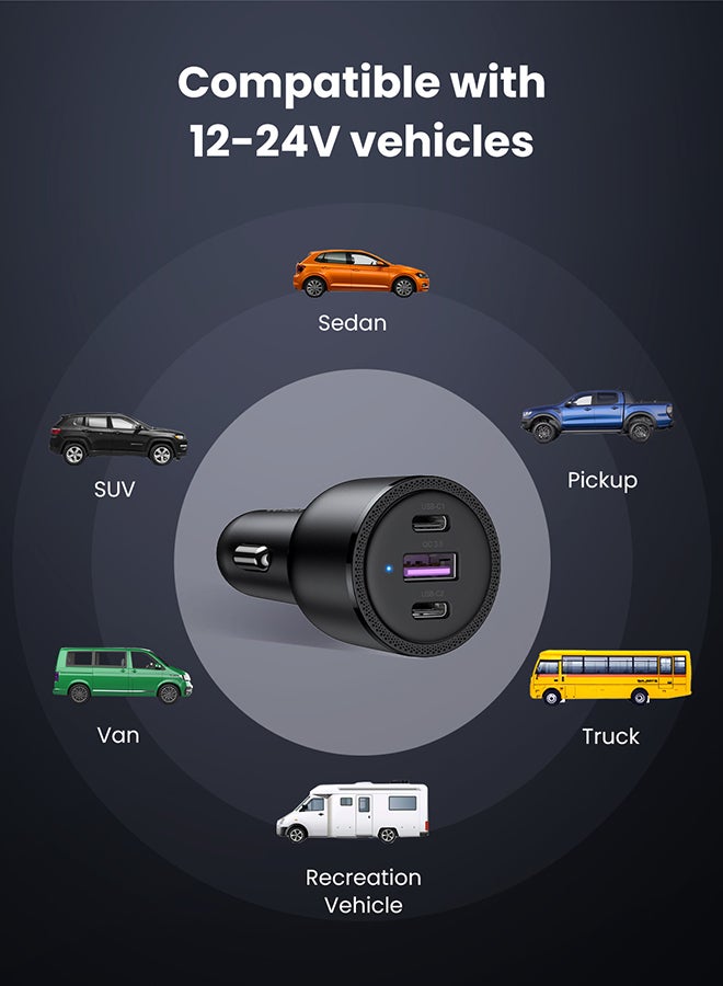 Ugreen - 69W Fast USB C Car Charger Adapter 3 Ports Car Mobile Phone Fast Charging Socket Plug Laptop Car Charger Compatible With iPhone 16 15 Pro Max MacBook Pro Air Samsung S24 S23 Ultra Xiaomi Airpods Black - Image 1