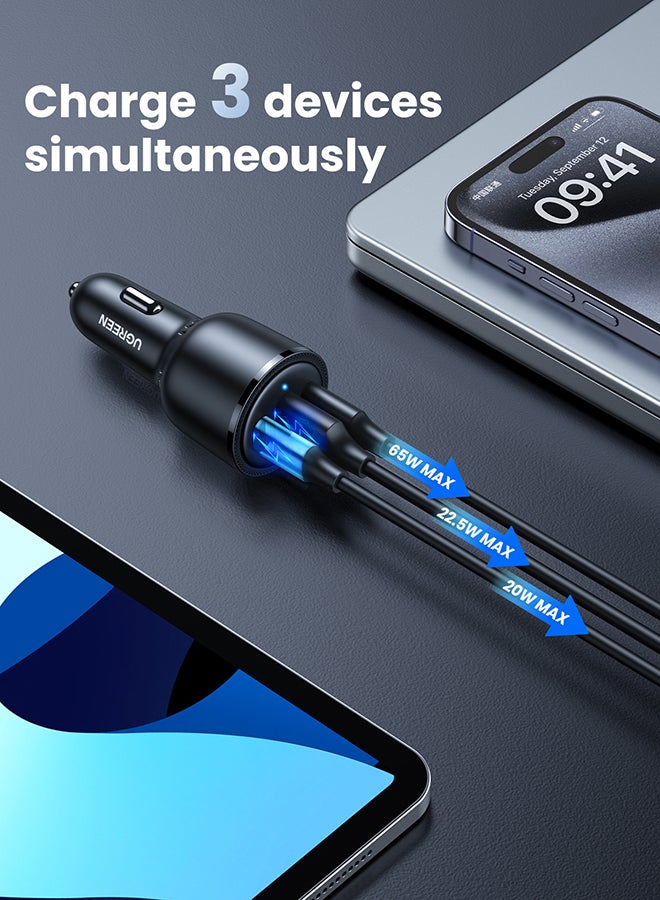 Ugreen - 69W Fast USB C Car Charger Adapter 3 Ports Car Mobile Phone Fast Charging Socket Plug Laptop Car Charger Compatible With iPhone 16 15 Pro Max MacBook Pro Air Samsung S24 S23 Ultra Xiaomi Airpods Black - Image 1