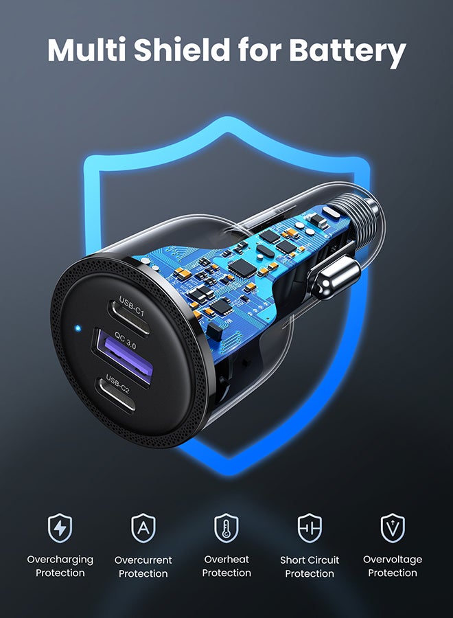 Ugreen - 69W Fast USB C Car Charger Adapter 3 Ports Car Mobile Phone Fast Charging Socket Plug Laptop Car Charger Compatible With iPhone 16 15 Pro Max MacBook Pro Air Samsung S24 S23 Ultra Xiaomi Airpods Black - Image 1