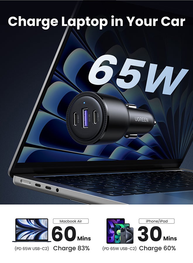 Ugreen - 69W Fast USB C Car Charger Adapter 3 Ports Car Mobile Phone Fast Charging Socket Plug Laptop Car Charger Compatible With iPhone 16 15 Pro Max MacBook Pro Air Samsung S24 S23 Ultra Xiaomi Airpods Black - Image 1