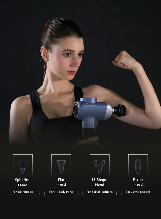 ARES Ufitness-2 Gun Massager 5 Speed Level 4 Detachable Heads Battery 3 Cell 2500Mah, 3H 5Hs With Storage Bag, Blue - Image 2