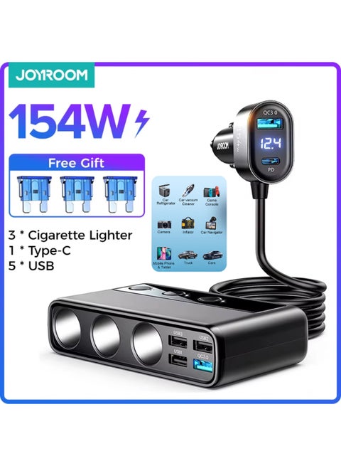 154W 3 in 1 Car Charger With 5 USB Ports 1 Type-C Cigarette Lighter Black