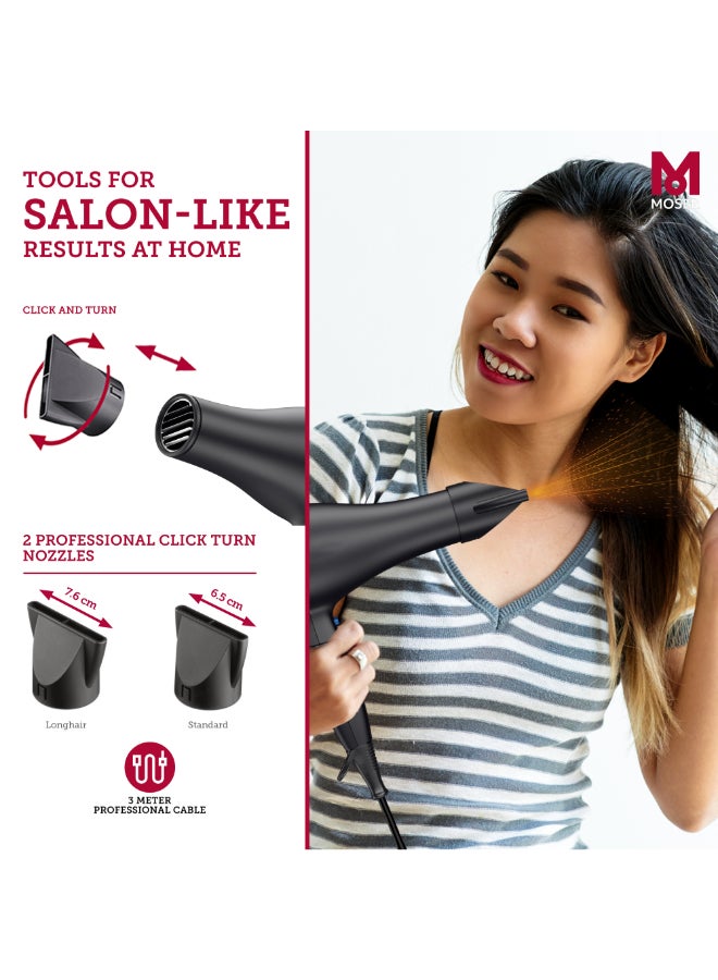 MOSER Edition Pro2 Professional Hair Dryer (Made In Italy) | 2000W Salon-Grade Motor With Ionic Frizz-Control | 3 Heat And 2 Speed Settings With Cool Shot | Smoothens Hair (4332-0150) Black  - Image 4