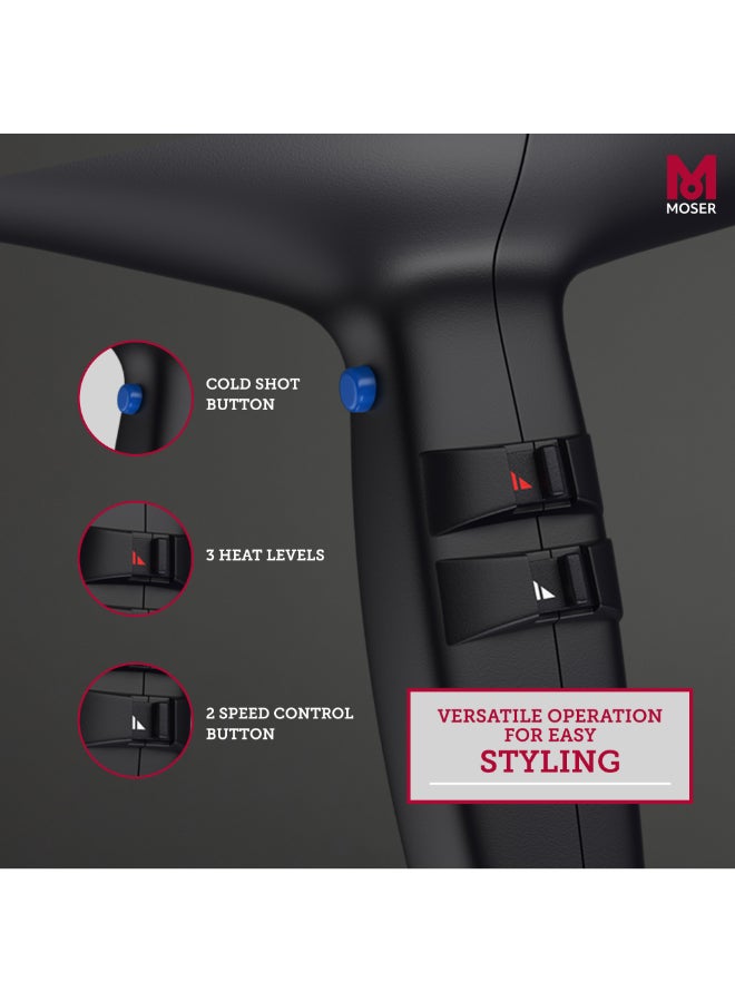 MOSER Edition Pro2 Professional Hair Dryer (Made In Italy) | 2000W Salon-Grade Motor With Ionic Frizz-Control | 3 Heat And 2 Speed Settings With Cool Shot | Smoothens Hair (4332-0150) Black  - Image 5