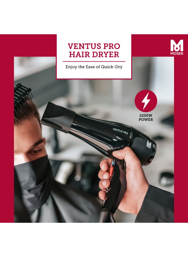 MOSER - Ventus Professional Hair Dryer For Women (Made In Italy) | 2200W Salon-Grade Motor With Ionic Frizz Control | 3 Heat And 2 Speed Settings With Cool Shot | Compact And Lightweight Design (4352-0150) Black - Image 1