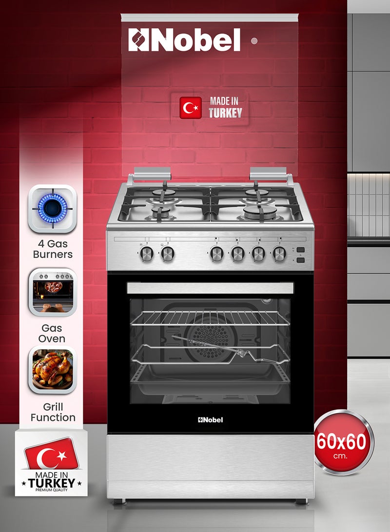 نوبل طباخ غاز 60 × 60، 4 شعلات غاز، فرن غاز وشواية غاز، 6 مقابض تحكم، زر إشعال يدوي، غطاء من الفولاذ المقاوم للصدأ، دعامة مقلاة من الحديد الزهر الثقيل، رف سلكي، ضوء داخلي، باب فرن زجاجي مزدوج، 59.8 × 56.7 × 86.3 سم، فضي، صنع في تركيا - Image 1