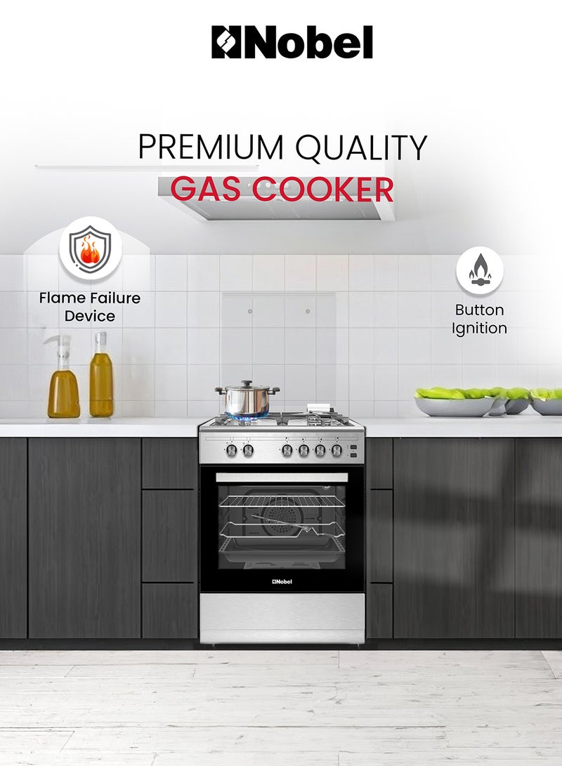 نوبل طباخ غاز 60 × 60، 4 شعلات غاز، فرن غاز وشواية غاز، 6 مقابض تحكم، زر إشعال يدوي، غطاء من الفولاذ المقاوم للصدأ، دعامة مقلاة من الحديد الزهر الثقيل، رف سلكي، ضوء داخلي، باب فرن زجاجي مزدوج، 59.8 × 56.7 × 86.3 سم، فضي، صنع في تركيا - Image 2