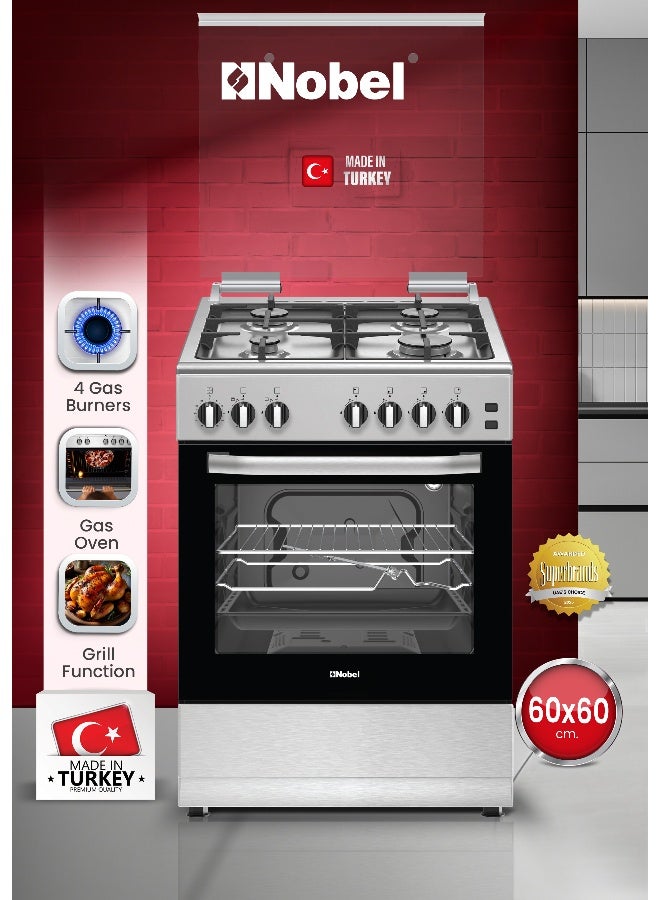 نوبل طباخ غاز 60 × 60، 4 شعلات غاز، فرن غاز وشواية غاز، 6 مقابض تحكم، زر إشعال يدوي، غطاء من الفولاذ المقاوم للصدأ، دعامة مقلاة من الحديد الزهر الثقيل، رف سلكي، ضوء داخلي، باب فرن زجاجي مزدوج، 59.8 × 56.7 × 86.3 سم، فضي، صنع في تركيا - Image 1