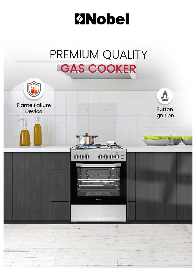 نوبل طباخ غاز 60 × 60، 4 شعلات غاز، فرن غاز وشواية غاز، 6 مقابض تحكم، زر إشعال يدوي، غطاء من الفولاذ المقاوم للصدأ، دعامة مقلاة من الحديد الزهر الثقيل، رف سلكي، ضوء داخلي، باب فرن زجاجي مزدوج، 59.8 × 56.7 × 86.3 سم، فضي، صنع في تركيا - Image 2