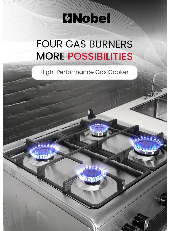 نوبل طباخ غاز 60 × 60، 4 شعلات غاز، فرن غاز وشواية غاز، 6 مقابض تحكم، زر إشعال يدوي، غطاء من الفولاذ المقاوم للصدأ، دعامة مقلاة من الحديد الزهر الثقيل، رف سلكي، ضوء داخلي، باب فرن زجاجي مزدوج، 59.8 × 56.7 × 86.3 سم، فضي، صنع في تركيا - Image 5
