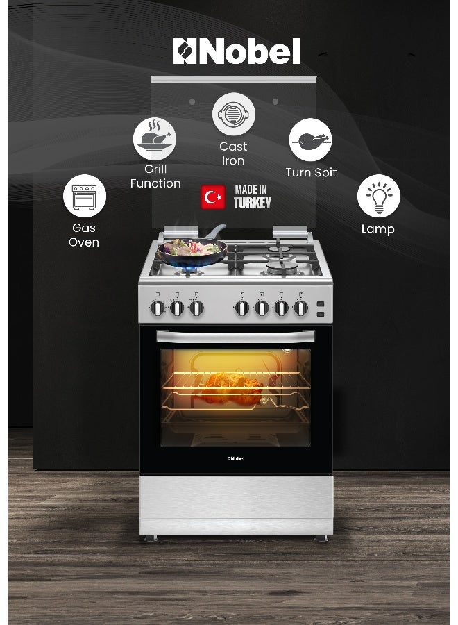 نوبل طباخ غاز 60 × 60، 4 شعلات غاز، فرن غاز وشواية غاز، 6 مقابض تحكم، زر إشعال يدوي، غطاء من الفولاذ المقاوم للصدأ، دعامة مقلاة من الحديد الزهر الثقيل، رف سلكي، ضوء داخلي، باب فرن زجاجي مزدوج، 59.8 × 56.7 × 86.3 سم، فضي، صنع في تركيا - Image 3