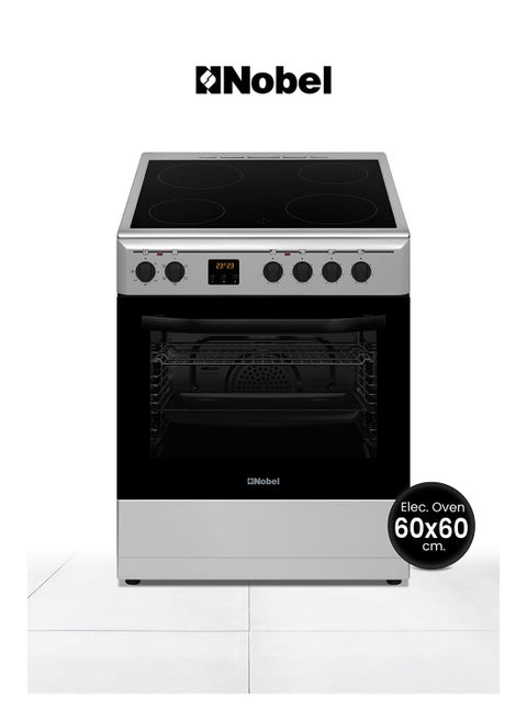 60 x 60 Ceramic Cooker, 4 Ceramic Hob, Electric Grill & Electric Oven, 6 Knob Control with Digital Display, Auto Ignition, Tinted Glass with Black Top Ceramic Hob, Inner Light, 59.8 x 61 x 86.5 cm, Black, Made In Turkey NGC60VT Silver