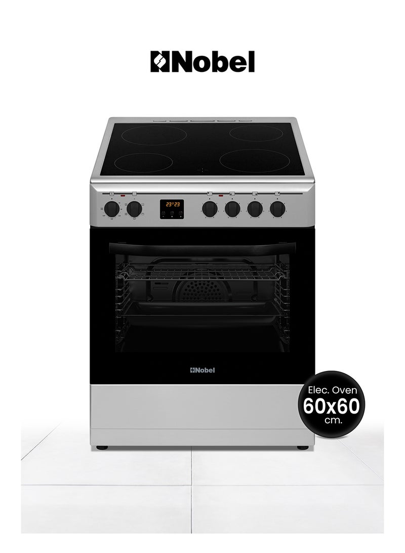 Nobel - 60 x 60 Ceramic Cooker, 4 Ceramic Hob, Electric Grill & Electric Oven, 6 Knob Control with Digital Display, Auto Ignition, Tinted Glass with Black Top Ceramic Hob, Inner Light, 59.8 x 61 x 86.5 cm, Black, Made In Turkey NGC60VT Silver - Image 1