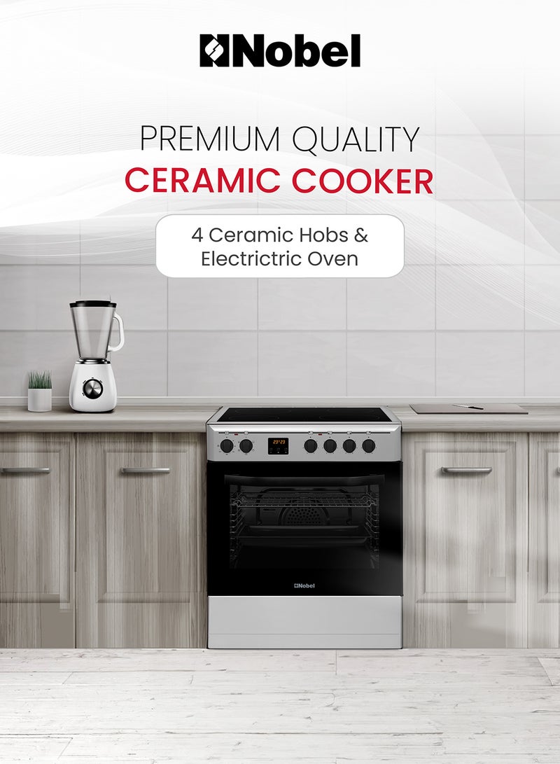 Nobel - 60 x 60 Ceramic Cooker, 4 Ceramic Hob, Electric Grill & Electric Oven, 6 Knob Control with Digital Display, Auto Ignition, Tinted Glass with Black Top Ceramic Hob, Inner Light, 59.8 x 61 x 86.5 cm, Black, Made In Turkey NGC60VT Silver - Image 1