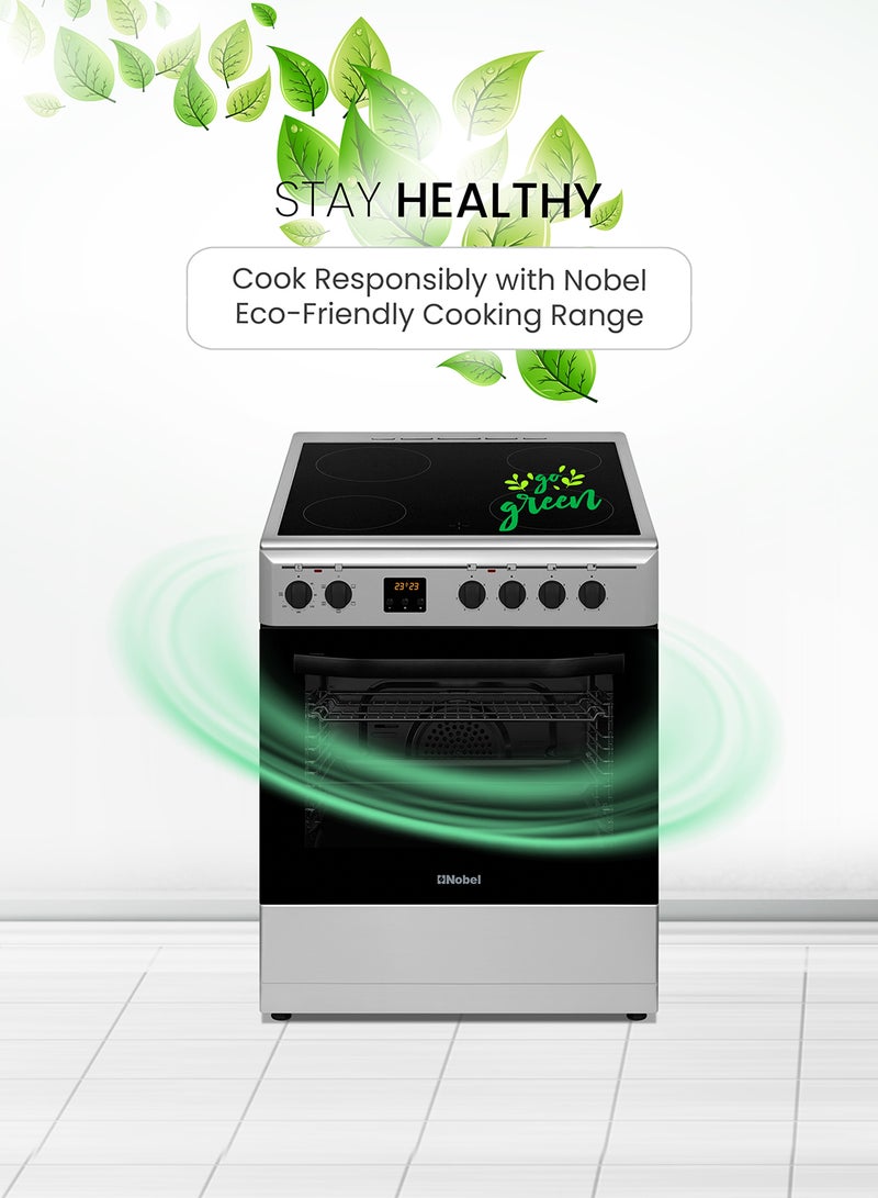 Nobel - 60 x 60 Ceramic Cooker, 4 Ceramic Hob, Electric Grill & Electric Oven, 6 Knob Control with Digital Display, Auto Ignition, Tinted Glass with Black Top Ceramic Hob, Inner Light, 59.8 x 61 x 86.5 cm, Black, Made In Turkey NGC60VT Silver - Image 1