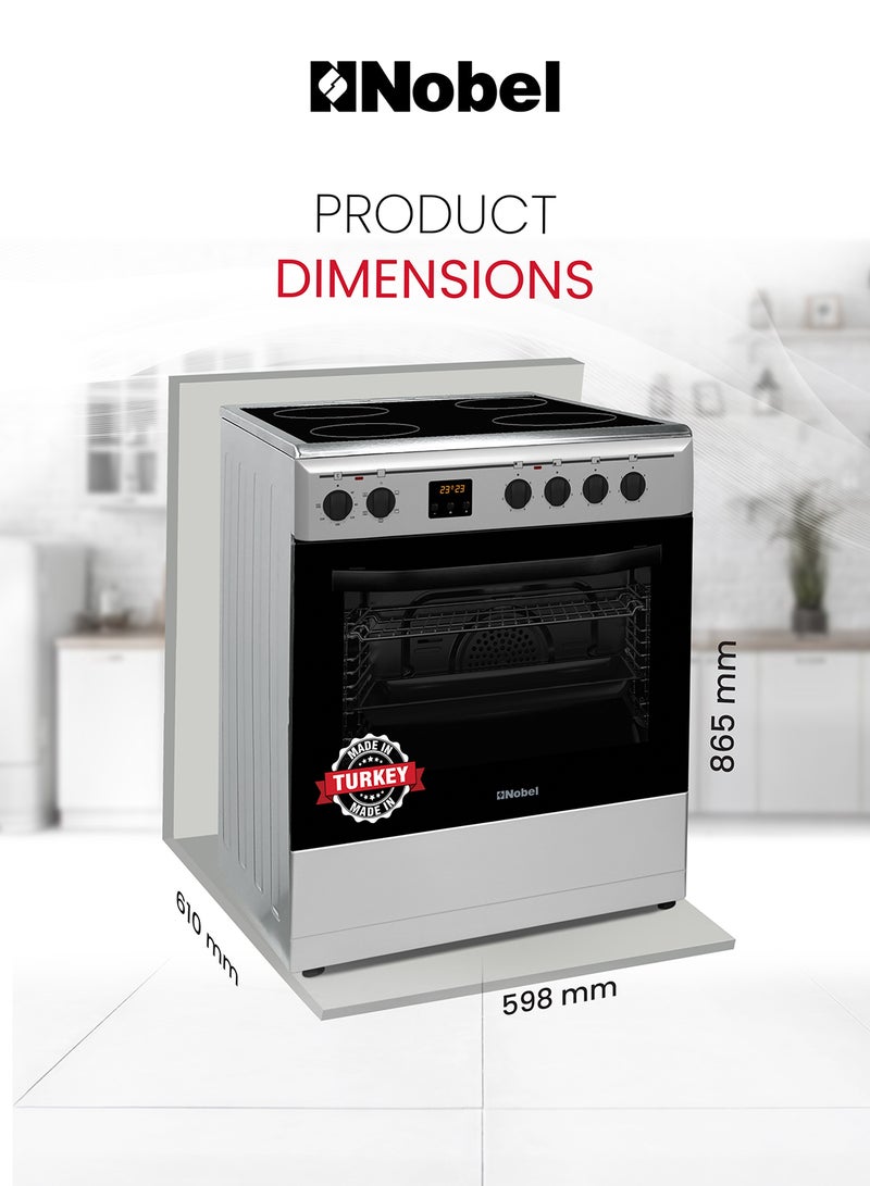 Nobel - 60 x 60 Ceramic Cooker, 4 Ceramic Hob, Electric Grill & Electric Oven, 6 Knob Control with Digital Display, Auto Ignition, Tinted Glass with Black Top Ceramic Hob, Inner Light, 59.8 x 61 x 86.5 cm, Black, Made In Turkey NGC60VT Silver - Image 1
