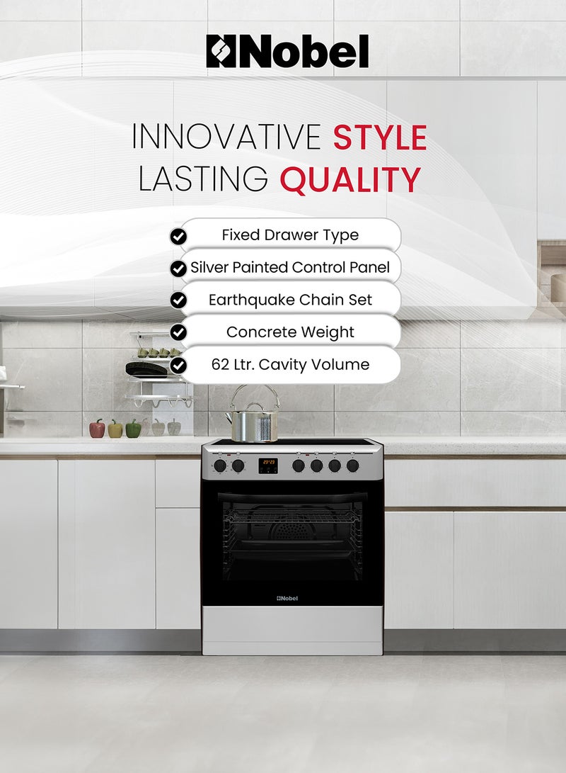 Nobel - 60 x 60 Ceramic Cooker, 4 Ceramic Hob, Electric Grill & Electric Oven, 6 Knob Control with Digital Display, Auto Ignition, Tinted Glass with Black Top Ceramic Hob, Inner Light, 59.8 x 61 x 86.5 cm, Black, Made In Turkey NGC60VT Silver - Image 1