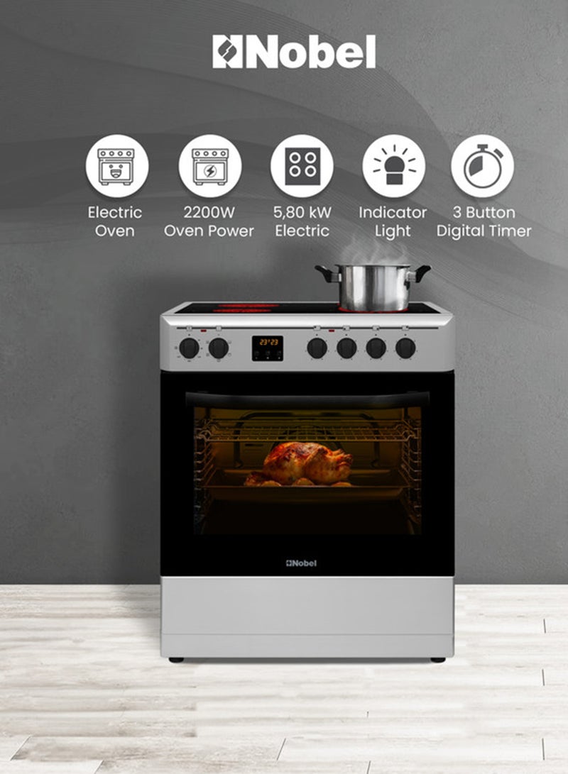 Nobel - 60 x 60 Ceramic Cooker, 4 Ceramic Hob, Electric Grill & Electric Oven, 6 Knob Control with Digital Display, Auto Ignition, Tinted Glass with Black Top Ceramic Hob, Inner Light, 59.8 x 61 x 86.5 cm, Black, Made In Turkey NGC60VT Silver - Image 1