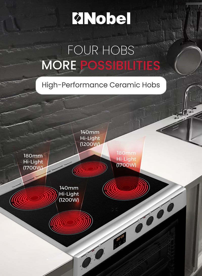 Nobel - 60 x 60 Ceramic Cooker, 4 Ceramic Hob, Electric Grill & Electric Oven, 6 Knob Control with Digital Display, Auto Ignition, Tinted Glass with Black Top Ceramic Hob, Inner Light, 59.8 x 61 x 86.5 cm, Black, Made In Turkey NGC60VT Silver - Image 1