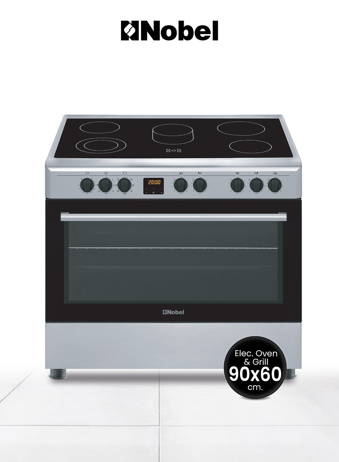 Nobel 90 x 60 Ceramic Cooker, 5 Ceramic Hob, Electric Grill & Electric Oven, 7 Knob Control, Digital Display, Auto Ignition, Tinted Glass, Black Top Ceramic Hob Inner Light, Inner Light, Double Glass Oven Door, 89.8 x 60.1 x 86, Silver, Made In Turkey NGC90VTC Silver 