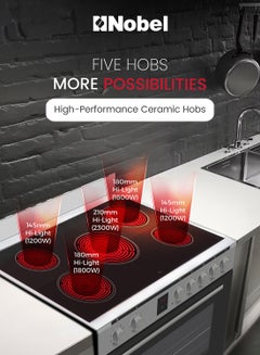 Nobel 90x60 cm Vitroceran And Electric Oven – Full Electric Ceramic Steel Oven With 5 Highlight Ceramic Heaters, 6 Knobs, Digital Touch Timer, Oven Lamp, Flap Drawer, Triple Glass Door, Heat Indicator, Auto Cut-off, and Adjustable Feet – 11300W Max. Power, 8300W Max. Hobs Power, 3000W Max. Oven Power, 3500W Max. Oven Power, 230V~/400V 3N - NGC90VT Silver  - Image 5