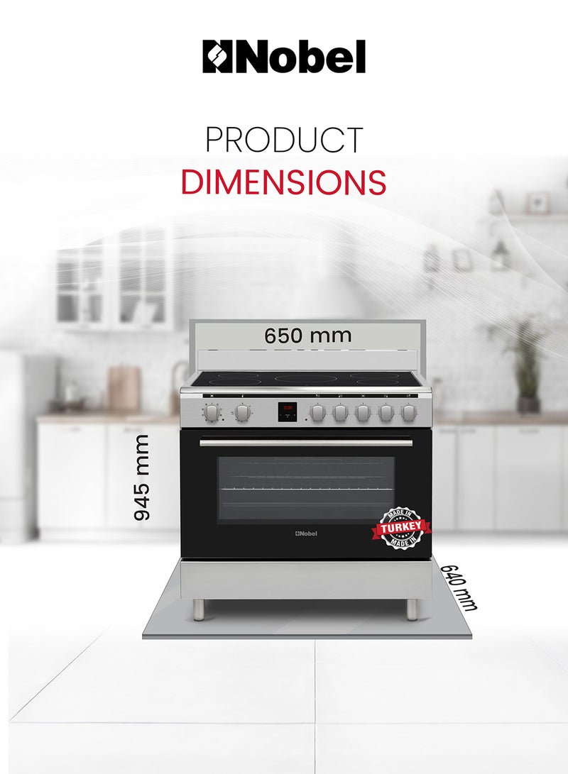 90x60 cm Vitroceran And Electric Oven – Full Electric Ceramic Steel Oven With 5 Highlight Ceramic Heaters, 6 Knobs, Digital Touch Timer, Oven Lamp, Flap Drawer, Triple Glass Door, Heat Indicator, Auto Cut-off, and Adjustable Feet – 11300W Max. Power, 8300W Max. Hobs Power, 3000W Max. Oven Power, 3500W Max. Oven Power, 230V~/400V 3N - NGC90VT Silver