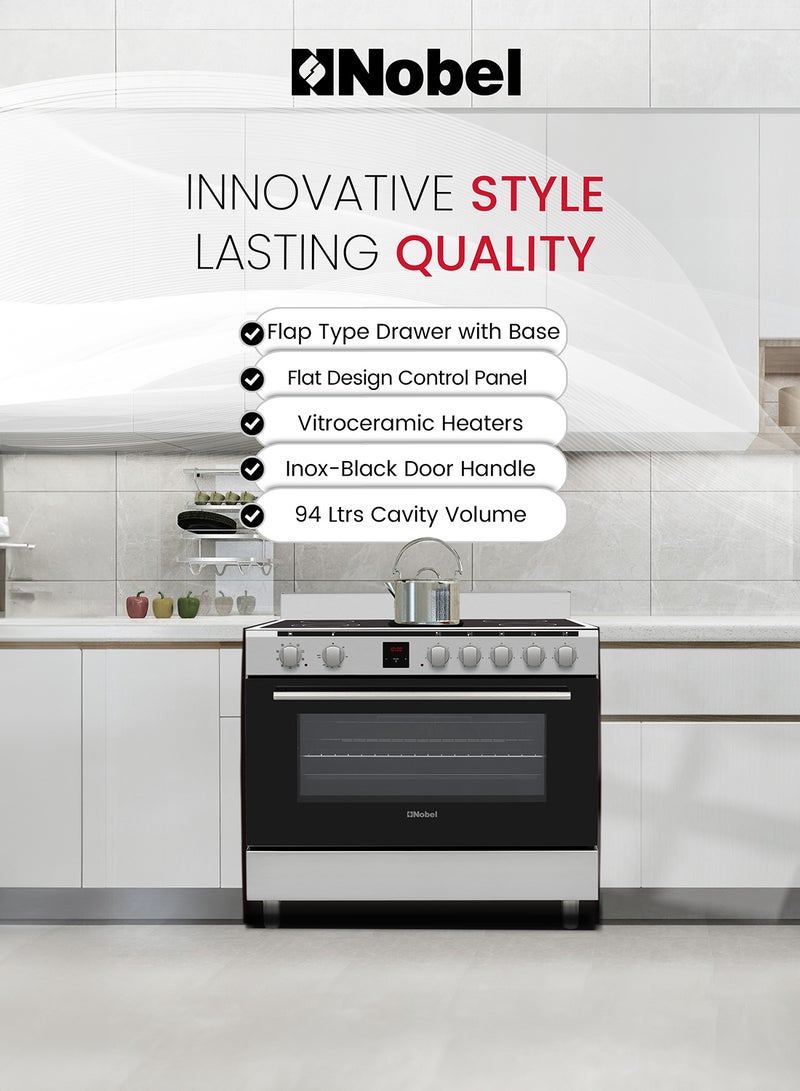 90x60 cm Vitroceran And Electric Oven – Full Electric Ceramic Steel Oven With 5 Highlight Ceramic Heaters, 6 Knobs, Digital Touch Timer, Oven Lamp, Flap Drawer, Triple Glass Door, Heat Indicator, Auto Cut-off, and Adjustable Feet – 11300W Max. Power, 8300W Max. Hobs Power, 3000W Max. Oven Power, 3500W Max. Oven Power, 230V~/400V 3N - NGC90VT Silver