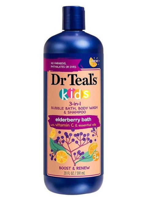 Kids 3-in-1 Bubble Bath, Body Wash & Shampoo with Elderberry & Vitamin C - Gentle Hypoallergenic Formula to Boost & Renew clear 591ml