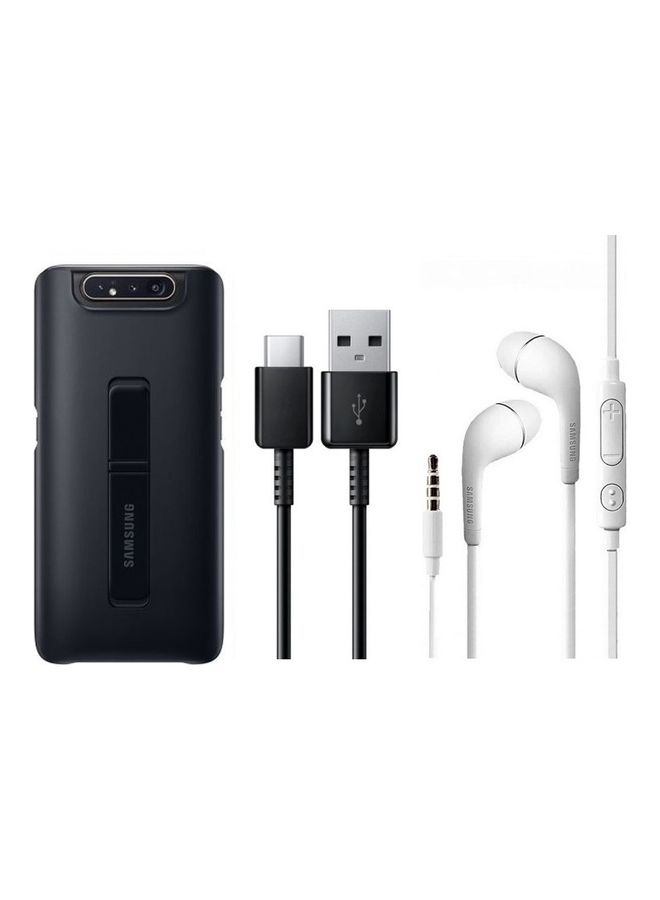 Samsung Galaxy A80 Standing Cover, USB-C to USB-A Cable And Wired Earphone Set Black/White - Image 1