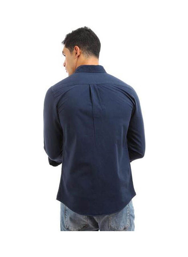 Andora Plain-Basic Collared Neck Long Sleeve Shirt Navy Blue - Image 2