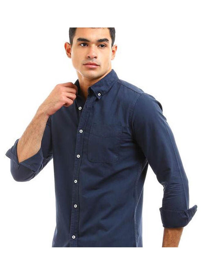 Andora Plain-Basic Collared Neck Long Sleeve Shirt Navy Blue - Image 4