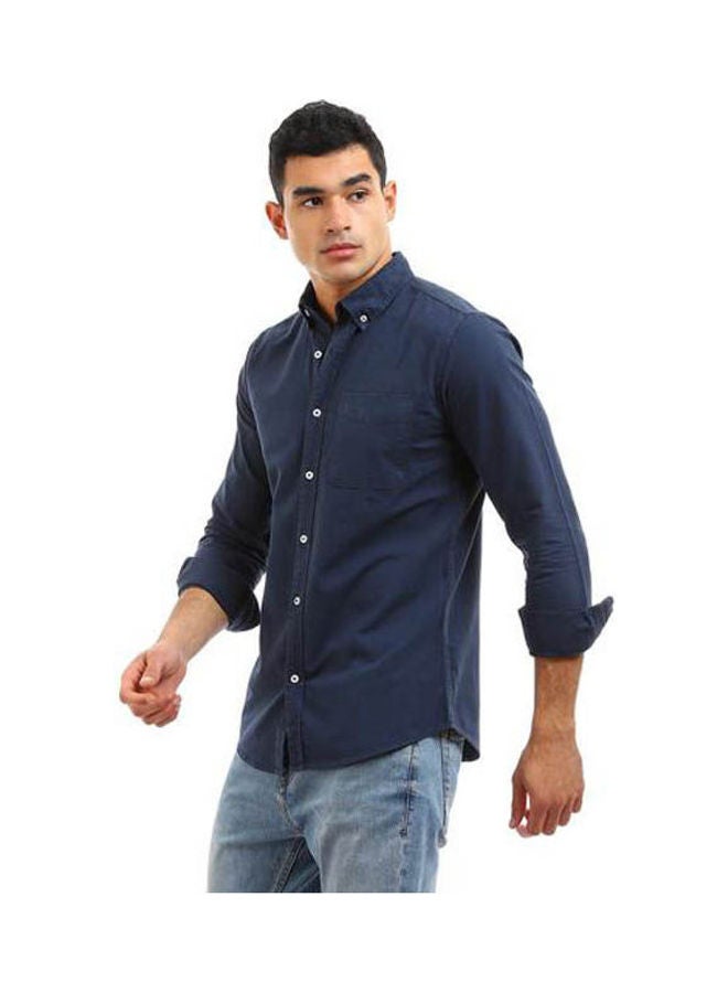 Andora Plain-Basic Collared Neck Long Sleeve Shirt Navy Blue - Image 3