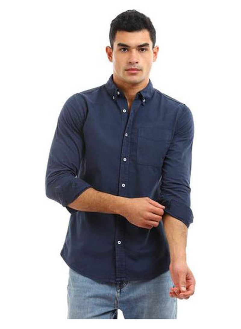 Andora Plain-Basic Collared Neck Long Sleeve Shirt Navy Blue - Image 1