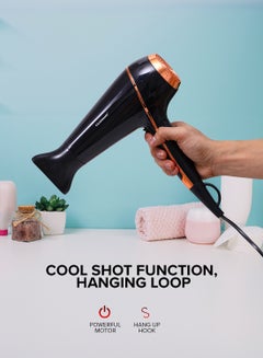 Olsenmark Hair Dryer - 2 Speed Control and 3 Level Heat Settings With Hanging Loop, Perfect for Salon and Home Hair Styling Black/Gold  - Image 3