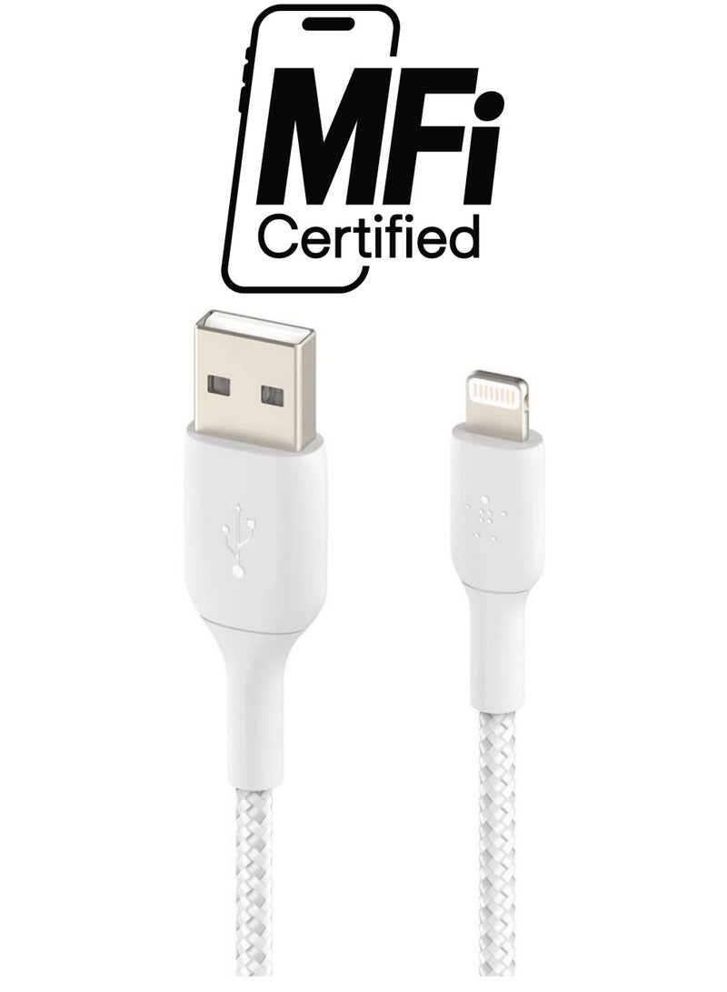 belkin - Braided iPhone Charging Cable, USB A To Lightning Cable (Boost Charge To USB For iPhone, iPad, Airpods) MFI-Certified Apple Cable, (3 M, ) White - Image 1