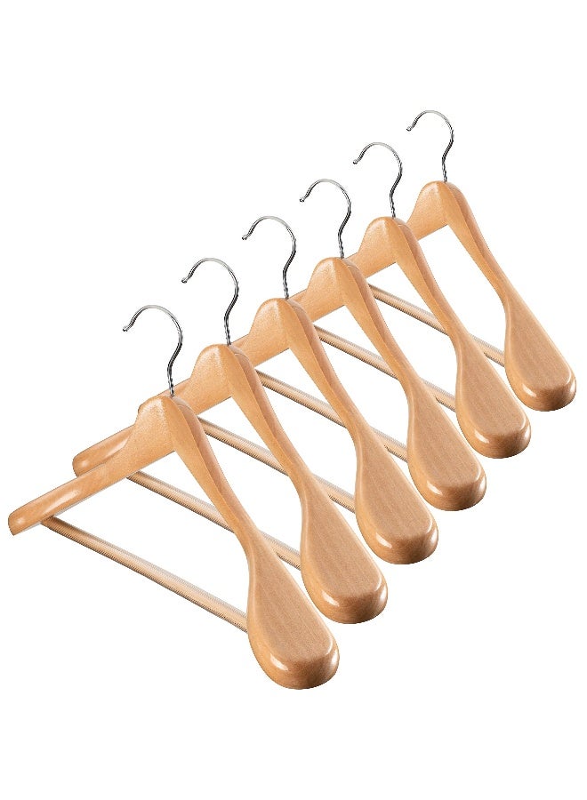 ZOBER High-Grade Wide Shoulder Wooden Hangers 6 Pack With Non Slip Pants Bar - Smooth Finish Solid Wood Suit Hanger Coat Hanger Holds Upto 20Lbs 360 Swivel Hook For Dress Jacket Heavy Clothes Hangers Beige Beige - Image 1
