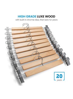 Zober High-Grade Wooden Pants Hangers With Metal Clips Grip Clip Pants Hanger, Smooth Finish Solid Wood Jeans/Skirt Hanger, 360° Swivel Hook - Clip Hanger For Pant, Skirts, Slacks - 20 Pack, Natural Natural