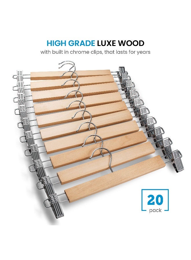 ZOBER - Zober High-Grade Wooden Pants Hangers With Metal Clips Grip Clip Pants Hanger, Smooth Finish Solid Wood Jeans/Skirt Hanger, 360° Swivel Hook - Clip Hanger For Pant, Skirts, Slacks - 20 Pack, Natural Natural - Image 1