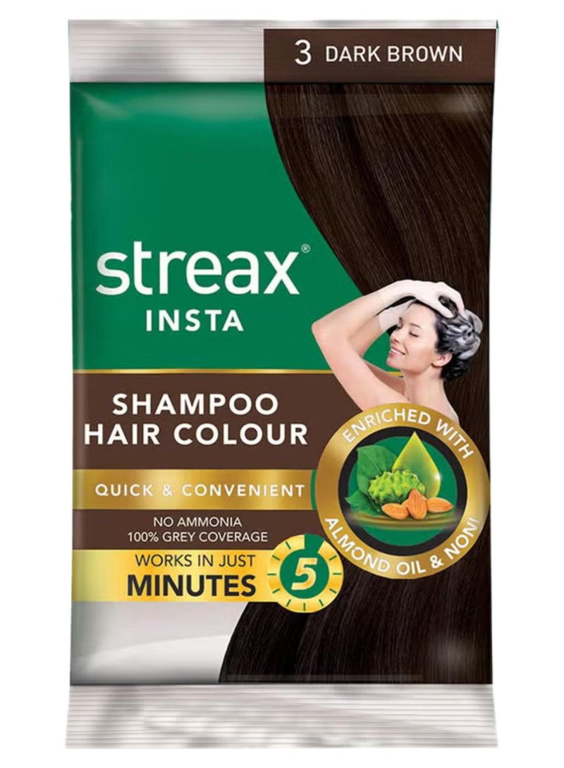 Streax Insta Shampoo Hair Colour, Dark Brown - Ammonia-Free, 5-Minute Colouring for 100% Grey Coverage with Almond Oil & Noni Extracts 03 Dark Brown 25ml - Image 1