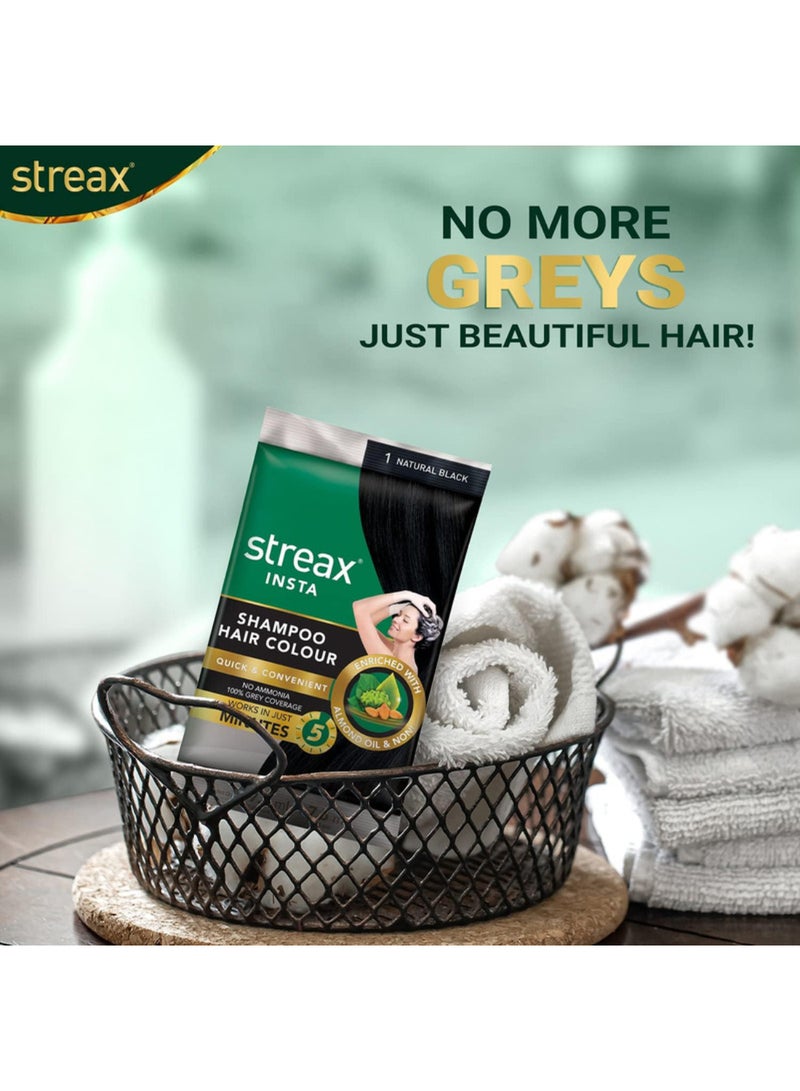 Streax Insta Shampoo Hair Colour, Natural Black - Ammonia-Free, 5-Minute Colouring for 100% Grey Coverage with Almond Oil & Noni Extracts 1 Natural Black 25ml - Image 1