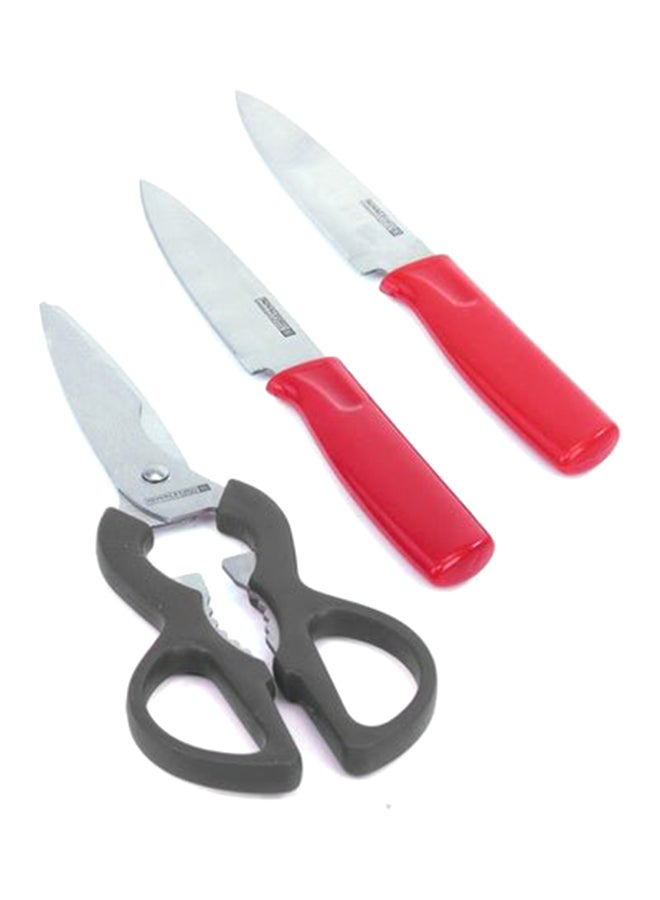 Royalford 4Pieces Kitchen Gadget Set - 2Pieces Knife 1Pieces Scissor 1Pieces Cutting Board Red/Black - Image 1