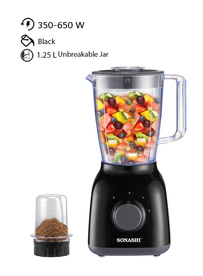 SONASHI 2 In 1 Blender With 2 Speed Setting And Pulse - Spice Grinding, Smoothie Making And Juicing 350-650 Watts | Unbreakable Blender Jars With Stainless Steel Blades | Safety Lock System 1.25 L 650 W SB-144N Black 