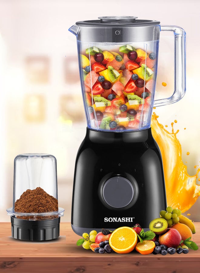 SONASHI 2 In 1 Blender With 2 Speed Setting And Pulse - Spice Grinding, Smoothie Making And Juicing 350-650 Watts | Unbreakable Blender Jars With Stainless Steel Blades | Safety Lock System 1.25 L 650 W SB-144N Black  - Image 1