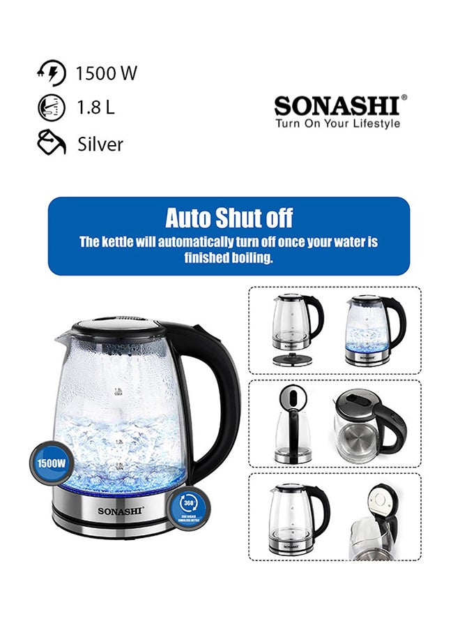 SONASHI 1.8 L Cordless Kettle - Glass Kettle with Safety Lock Lid | 360-degree Swivel Base - Auto Shutdown, Power On/Off Indicator Light Feature | Instant Water Heater And Tea Maker 1.8 L 1500 W SKT-1809 Silver 