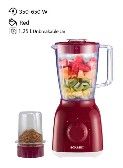2 In 1 Blender With 2 Speed Setting And Pulse - Spice Grinding, Smoothie Making And Juicing 350-650 Watts | Unbreakable Blender Jars With Stainless Steel Blades | Safety Lock System 1.25 L 650 W SB-144N Red