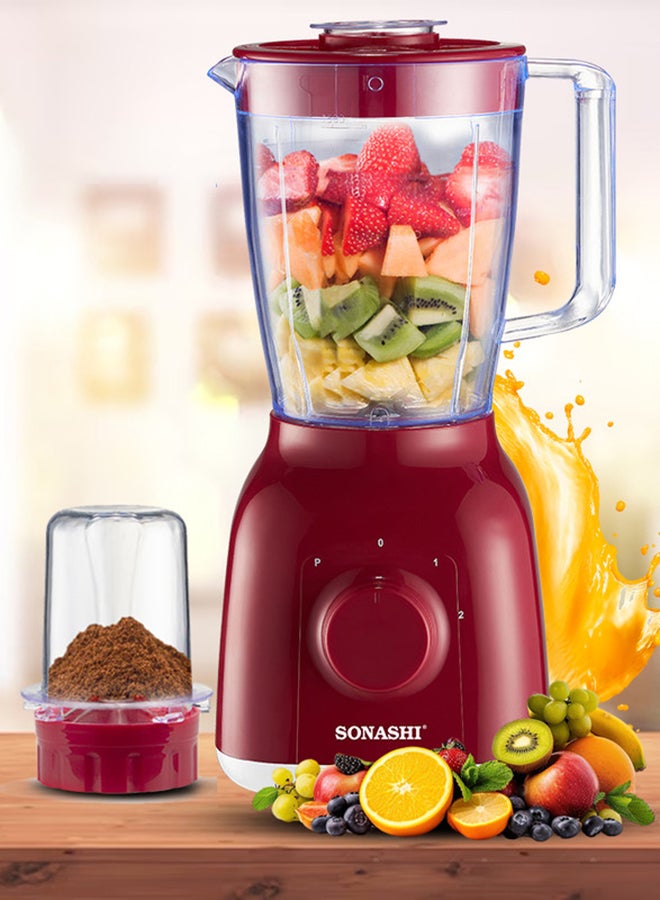 SONASHI 2 In 1 Blender With 2 Speed Setting And Pulse - Spice Grinding, Smoothie Making And Juicing 350-650 Watts | Unbreakable Blender Jars With Stainless Steel Blades | Safety Lock System 1.25 L 650 W SB-144N Red  - Image 1
