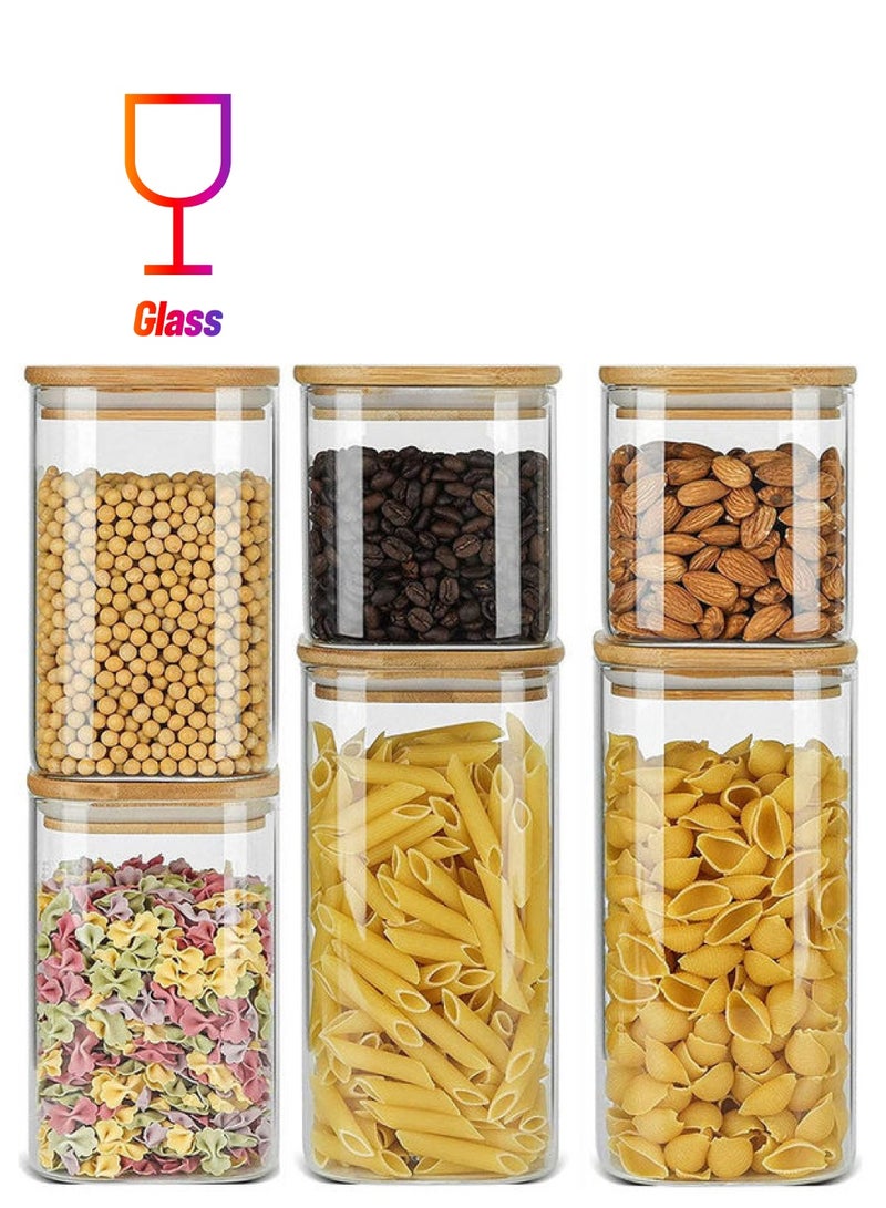 1Chase 6-Piece Square Glass Food Storage Jar With Airtight Bamboo Lid Clear/Brown 550,750,1200ml  - Image 1