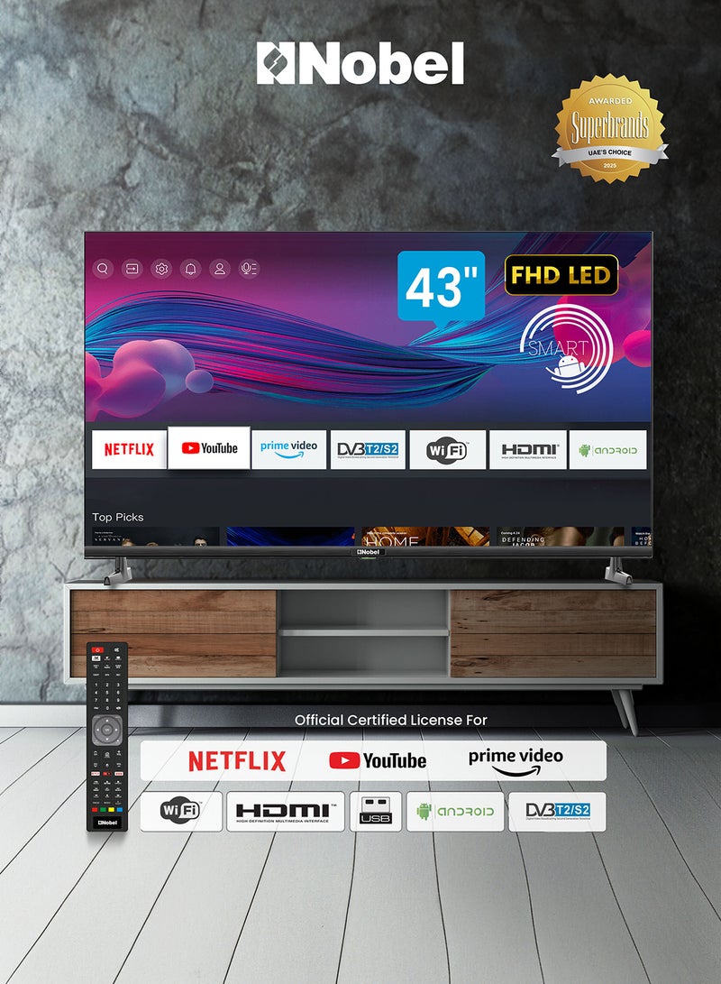 نوبل تلفزيون LED ذكي مقاس 43 بوصة بدقة كاملة الوضوح من دون حواف ويعمل بنظام أندرويد ومزود بجهاز استقبال Dvbt2 NTV43FHD أسود - Image 1