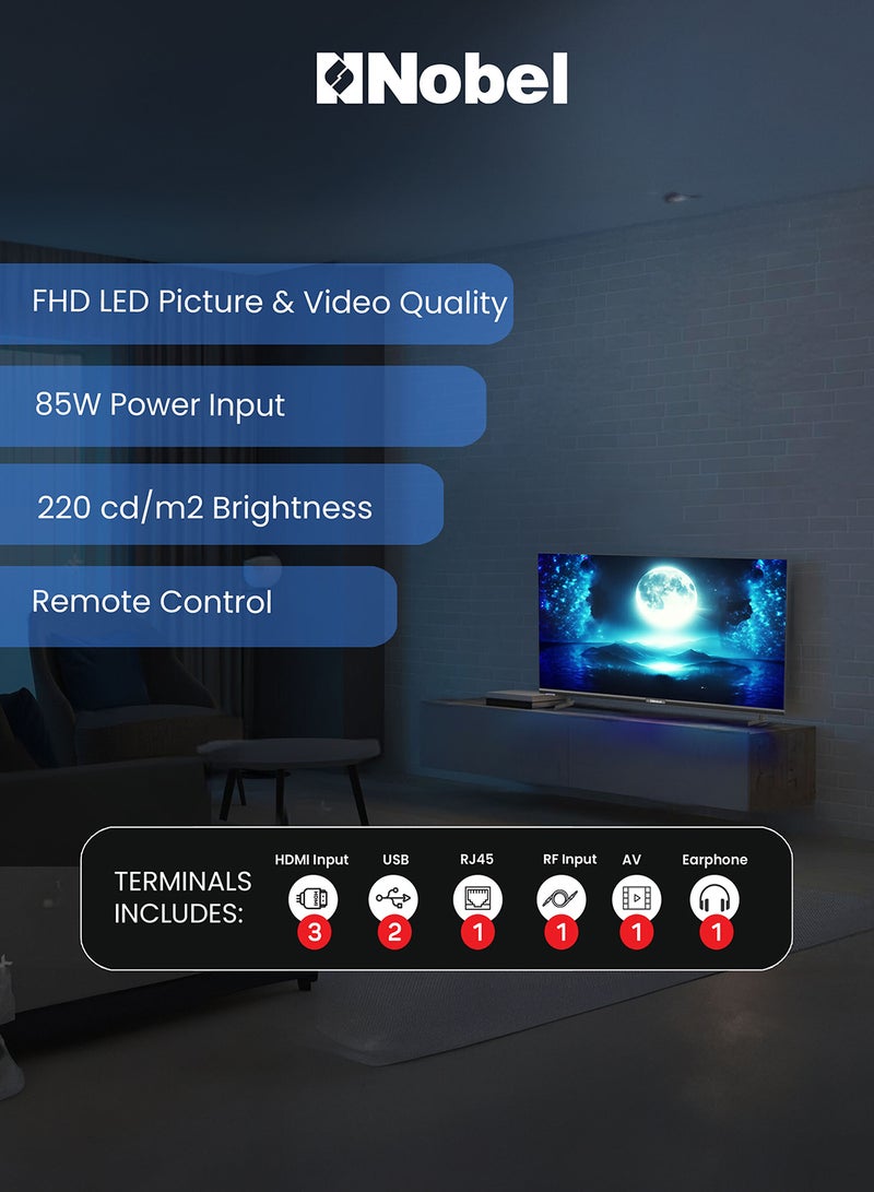 نوبل تلفزيون LED ذكي مقاس 43 بوصة بدقة كاملة الوضوح من دون حواف ويعمل بنظام أندرويد ومزود بجهاز استقبال Dvbt2 NTV43FHD أسود - Image 5