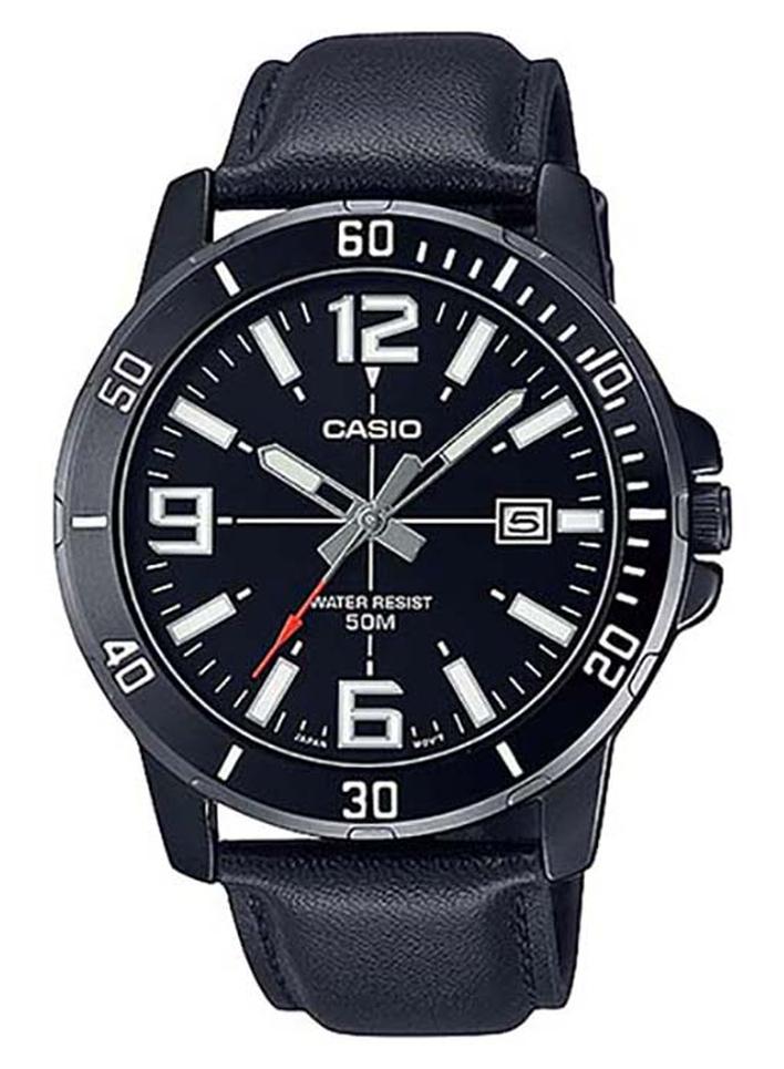 CASIO Men's Round Shape Leather Band Water Resistance Analog Wrist Watch MTP-VD01BL-1BVUDF - 45 mm - Black - Image 1